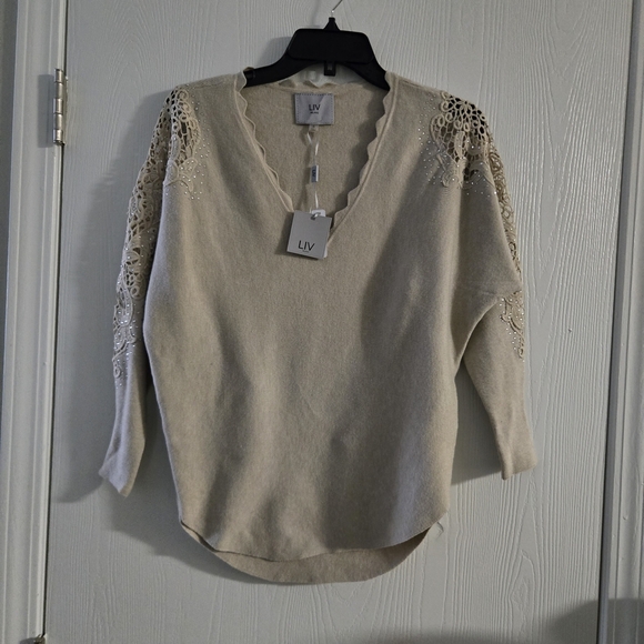 Milano Sweaters - Women's Cream Sweater with Lace Details